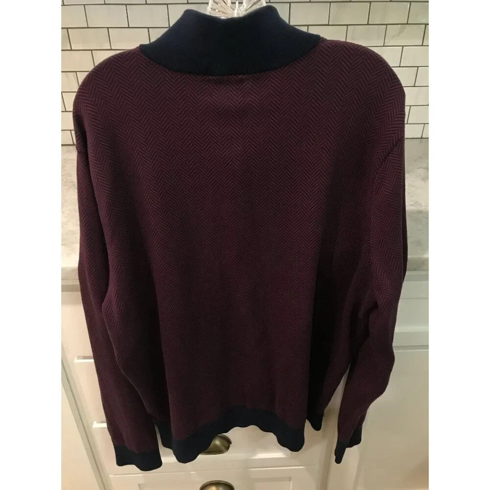 Lands End Quarter Zip Pullover Mens XL Deep Maroon Navy Blue Chevron Stripe - Picture 2 of 8